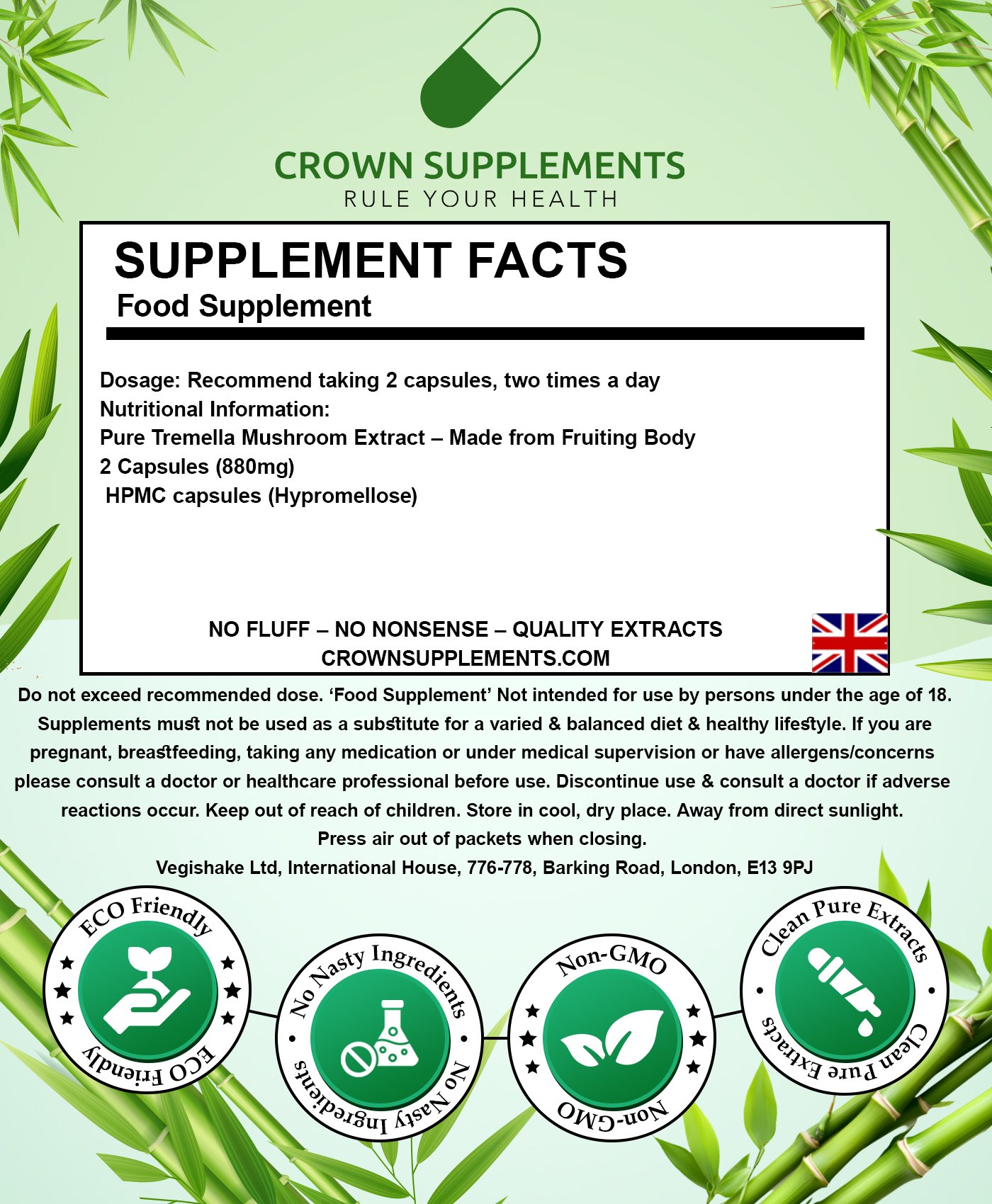 Tremella Mushroom Capsules Back Label